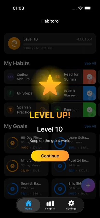 Habitoro level up celebration screen